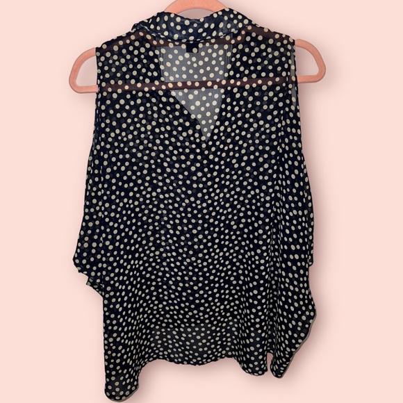 Navy Open Shoulder Button Down Blouse w/ Cream Polkadots - Picture 8 of 12